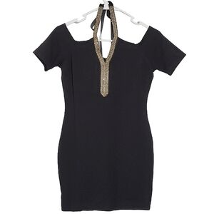 1510 * Fashion Magazine Beaded Halter Mini Dress Black S Vintage 80s